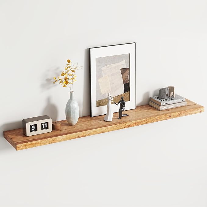 Rustic Elm Wood Floating Shelf for Wall, Flat Edge 55"W x 9.2"D x 1.4"H, 1 Pack with Invisible Bracket, Large Wall Mounted Storage Shelf for Living Room Bedroom Kitchen Bathroom Decor, Natural Finish