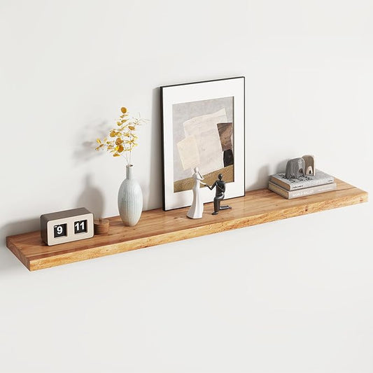 Rustic Elm Wood Floating Shelf for Wall, Flat Edge 55"W x 9.2"D x 1.4"H, 1 Pack with Invisible Bracket, Large Wall Mounted Storage Shelf for Living Room Bedroom Kitchen Bathroom Decor, Natural Finish