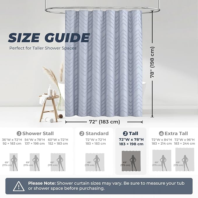 78inches Long Light Blue Boho Fabric Shower Curtain Tufted Chevron Striped Textured Cloth Curtains for Bathroom, Fog Blue