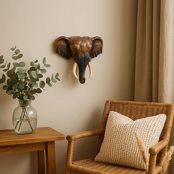 AeraVida Powerful Thai Elephant Head Trophy Mount Sculpture Hand Carved Wood Wall Art | Large Elephant Head Statue for Home Decor