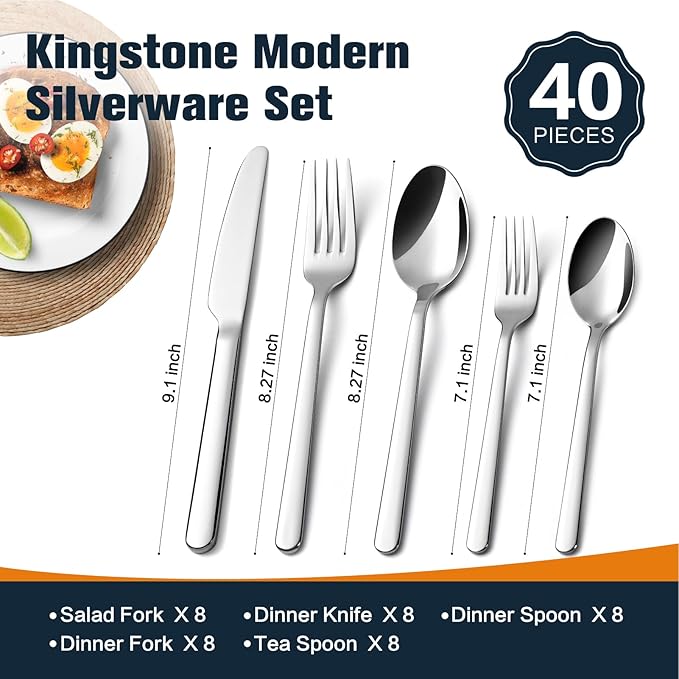 KINGSTONE Forged 40-Piece Silverware Set 18/10 Stainless Steel Flatware Utensils Set for 8, Mirror Finish,Dishwasher Safe (Silver)