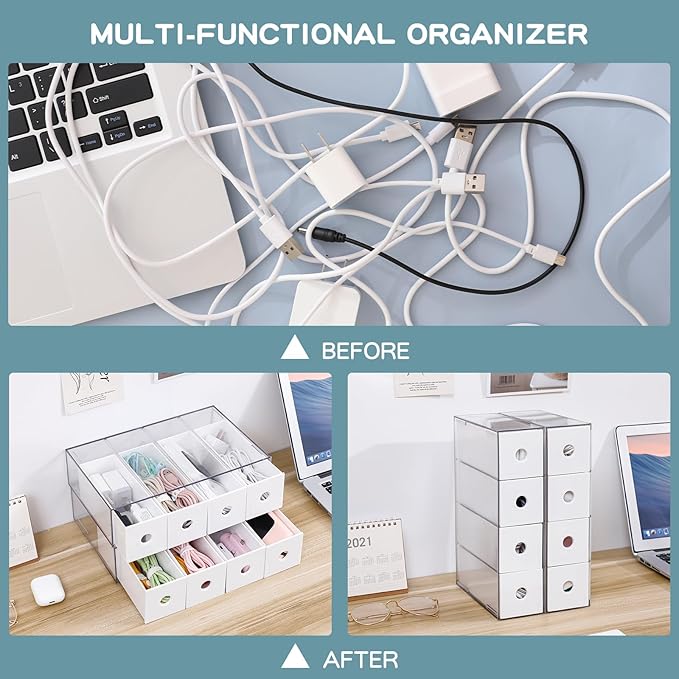 Yesesion 2 Pack Plastic Cord Organizer Drawers, Cable Storage Box with 40pcs of Wire Ties, Large Electronics Management Display Case for Desk Accessories, Office Supplies, USB, data Cable (White)