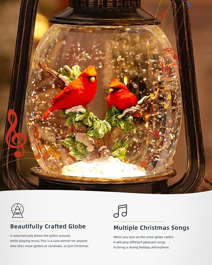Cardinal Christmas Snow Globes Musical Lighted with 6H Time Red Bird Snow Globe Lantern Glittering,Memory Cardinal Snow Globe Gifts for Christmas Decorations