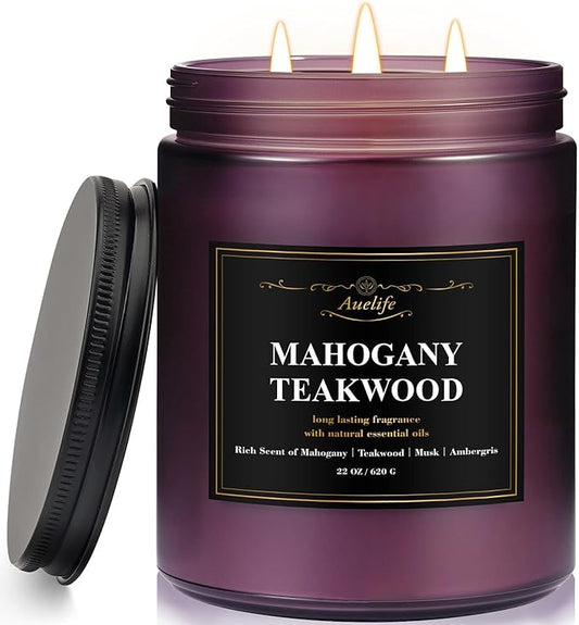 Auelife Mahogany Teakwood Scented Candle – 22oz Large 3 Wick Soy Candles, Masculine Woodsy Aromatherapy Candles, Relaxing Mahogany Candle for Home, Gift for Men & Women