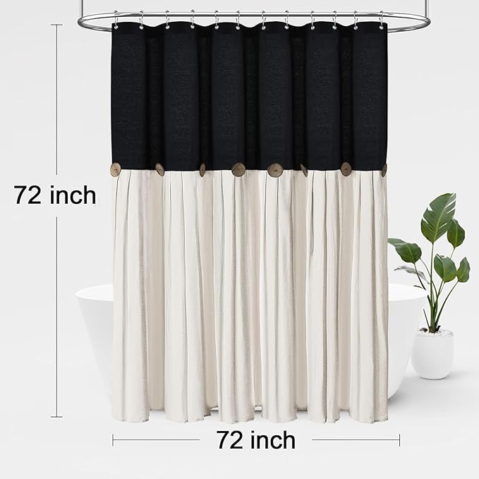 Awellife Farmhouse Cream Shower Curtain Button Linen Textured Woven Fabric,Country Style (Black & Cream, 72" W x 72" L)