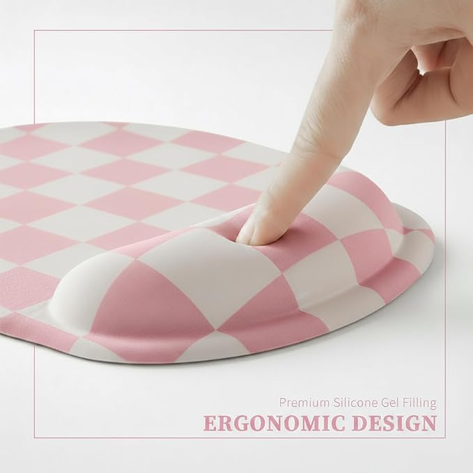Pink Checkered Mouse Pad with Gel Wrist Rest, Wrist Support, Ergonomic Desk Accessories for Girls Women, Office Laptop Gaming Decor, Cute Aesthetic Trendy Check Design