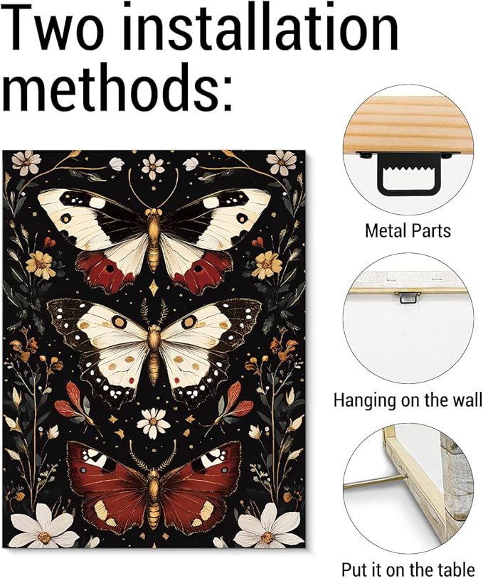 Aesthetic Moths Wall Art Decor Gothic Dark Academia Moth Canvas Print Poster Botanical Framed Painting Wall Decorations for Home Farmhouse Living Room Bedroom Decor 11x15 Inch