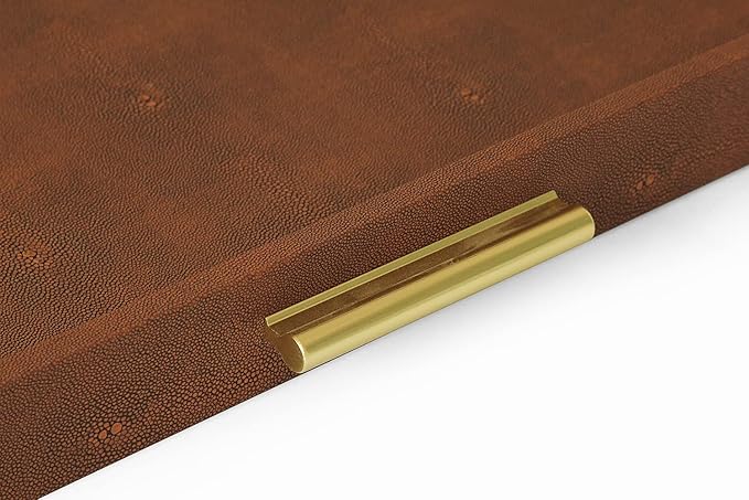 HofferRuffer Extra Large Square Serving Tray, Elegant Faux Leather Ottoman Tray with Gold Hardware Handles, Serve Tea, Coffee or Breakfast in Bed, 24 x 24 inches (Brown Shagreen)