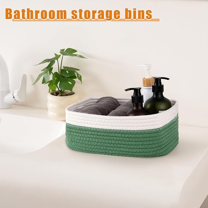 OIAHOMY 4 Pack Storage Baskets for Organizing, Small Bins for Shelves, Cute Decorative Storage Bins, Organizer Baskets for Gifts Empty, 11.8''Lx7.8''Wx4.7''H, Green/White