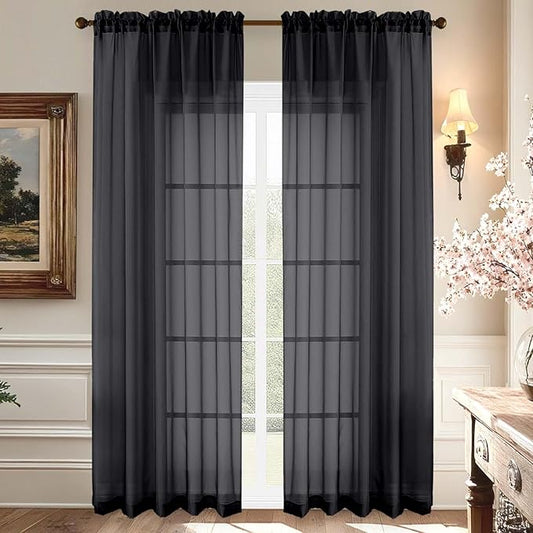 Aiyufeng Black Sheer Curtains 90 Inches Long, Light Filtering Rod Pocket Solid Color Window Sheer Curtain Panels, Elegant Curtains & Drapes for Living Room, Bedroom 2 Panels (Black, 59" W x 90" L)