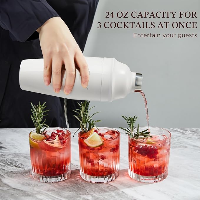 KITESSENSU Cocktail Shaker Set, Stainless Steel Martini Shaker with Bartender Strainer, Measuring Jigger, Bar Mixing Spoon, Cocktail Recipe Included, White