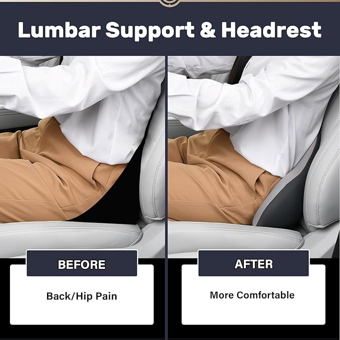 Coverado Lumbar Support and Headrest Pillow for Car, Memory Foam Ergonomic Head Neck Support Pillow for Driving Seat, Back Support and Pain Relief, Seat Cushion for Car, Driver, Office