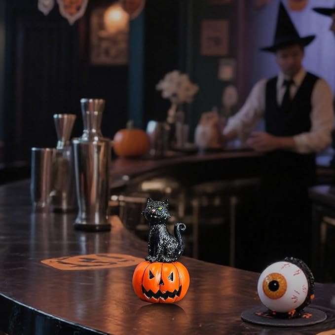 Halloween Decor Mini Resin Pumpkin Cat Figurine - Cute Desktop Decor for Home, Office, Mantle, Shelf Sitter Decorations Gift