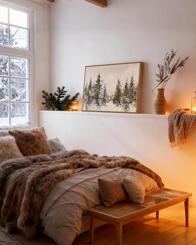 VIYYIEA Framed Canvas Wall Art, Vintage Christmas Decor, Large Winter Forest Watercolor Picture Paintings Gifts, Retro xmas Nature Decorations for Bedroom Living Room Fireplace, 16x24In