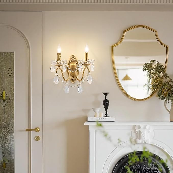 Crystal Wall Sconce, Gold Wall Sconces, Gold Sconces Wall Set of 2, for Living Room, Bedroom, Bathroom,Vanity