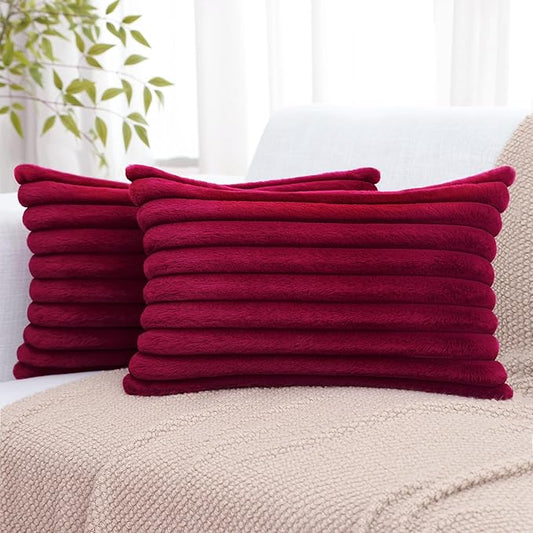 decorUhome Faux Fur Christmas Throw Pillow Covers 24x24 Set of 2, Decorative Soft Plush Striped Neutral Couch Euro Pillow Covers with Velvet Back for Sofa, Bed, Living Room Home Decor, Burgundy
