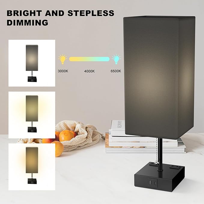 Table Lamp for Bedroom with USB,Bedside Lamp with USB C+A Charging Ports,Adjustable 3color LED Light for Home Decor/Nightstand/Office,Included Bulb and Fabric Lamp Shade (Linen Black, 2PCS)