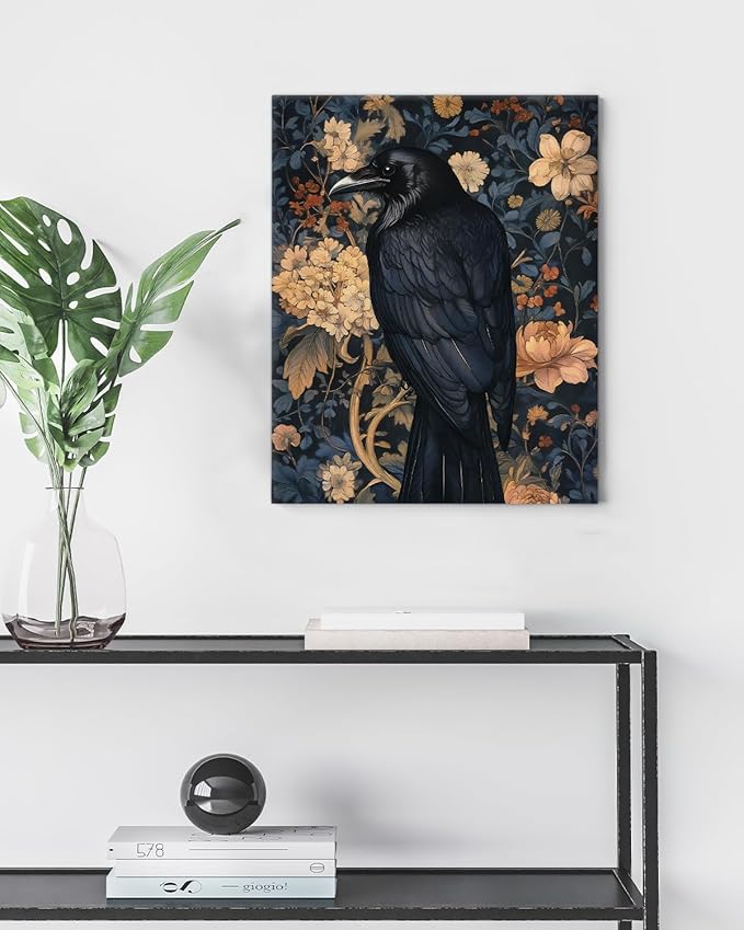 Aesthetic Raven Floral Wall Art Decor Vintage Raven Cottagecore Canvas Print Poster Dark Academia Framed Painting Wall Decoration for Home Farmhouse Living Room Bedroom 8x10 Inch