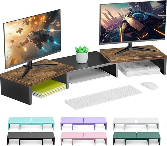 Dual Monitor Stand for Desk, Wooden Monitor Riser, Desk Shelf for Top of Desk, Computer Stand for Home and Office Use (Wood)