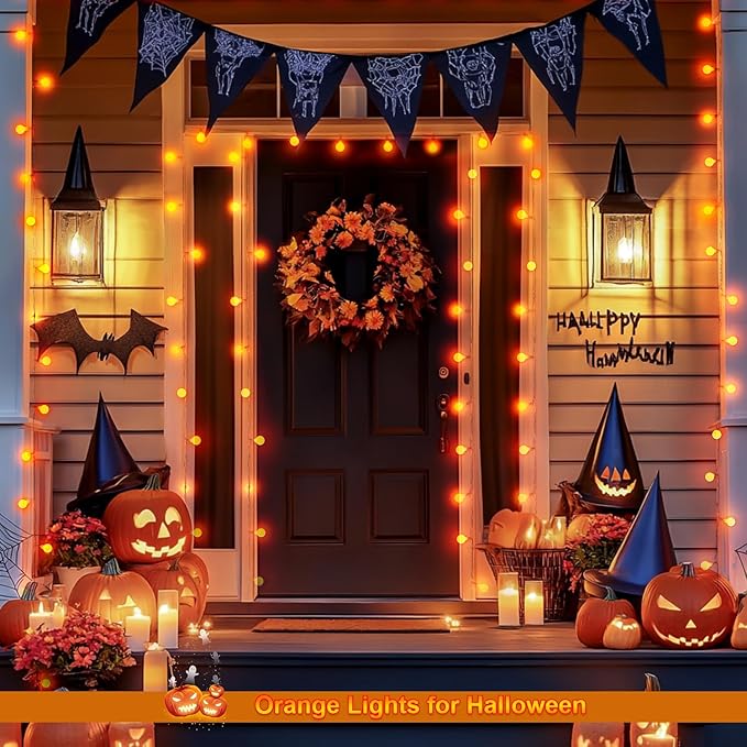 JMEXSUSS Orange Lights for Halloween, 33ft with 8 Modes Remote, 100 LED Globe String Lights Outdoor Battery Operated for Halloween Bedroom Thanksgiving Party Christmas Decor