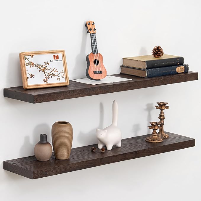 Fun Memories Solid Elm Wood Floating Shelves, 36 Inch Floating Shelves for Wall, Wall-Mounted Wooden Shelves with Invisible Heavy-Duty Brackets for Books, Bathroom, Kitchen, Walnut, 2 Pack