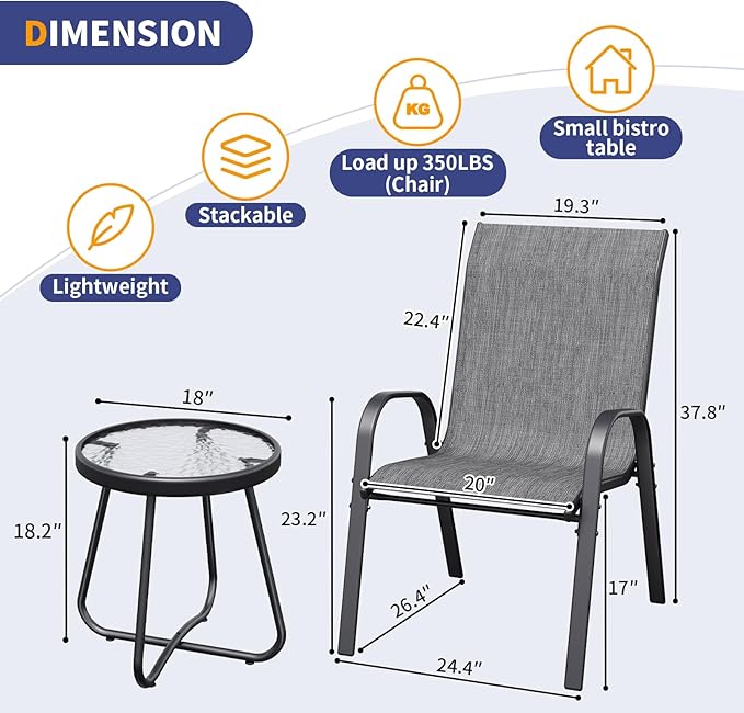 Amopatio 3 Piece Patio Set, Outdoor Stackable Dinging Chairs for All Weather, Breathable Garden Outdoor Furniture for Backyard Deck, Dark Grey
