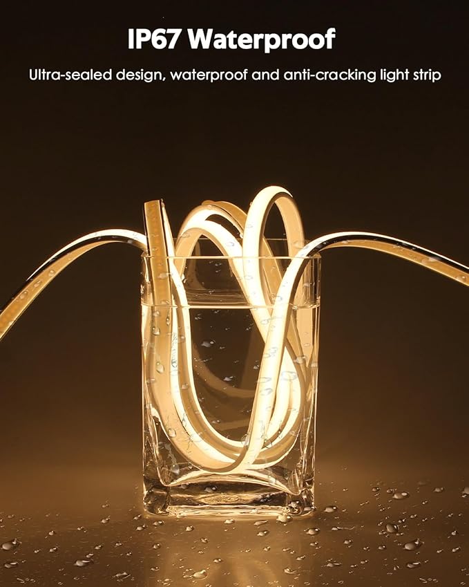 AC 110V LED COB Light Strip 65.6FT Warm White CRI 85+ Outdoor Waterproof Plug in with Switch Flexible Cuttable COB LED Rope Lights 3000K High Density 288Leds/M for Kitchen Cabinet Garden Home Decor