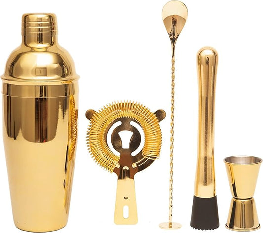 Cocktail Shaker Set Bartender Kit,5 Piece Bar Set Stainless Steel Bar Tools Set for Professional Bartender and Home (Gold, 5-Piece)