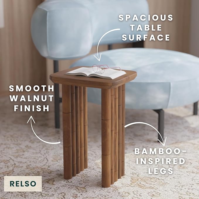 Bambos End Table - Solid Mango Wood Side Table with Bamboo-Inspired Legs | Handcrafted Accent Table for Living Room, Bedroom, Entryway | Easy Assembly, Sturdy, Compact & Durable Design | Walnut Finish
