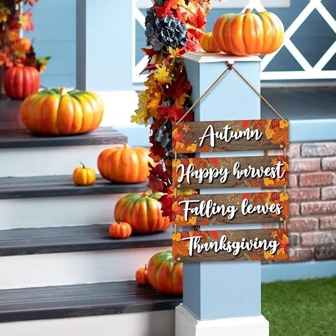4 Pieces Fall Rustic Wooden Board Wall Decor Hanging Signs Decor, Thanksgiving Autumn Maple Leaves Wooden Plaque Farmhouse Wall Signs for Indoor Outdoor Porch Door Living Room. (011)