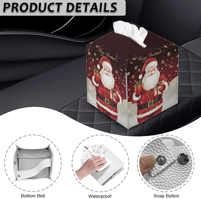 Santa Claus Tissue Box Cover Square Facial Tissue Holder Storage for Bedroom Bathroom Night Stand Car Modern Christmas Decorative with Buttons Napkin Case Covers