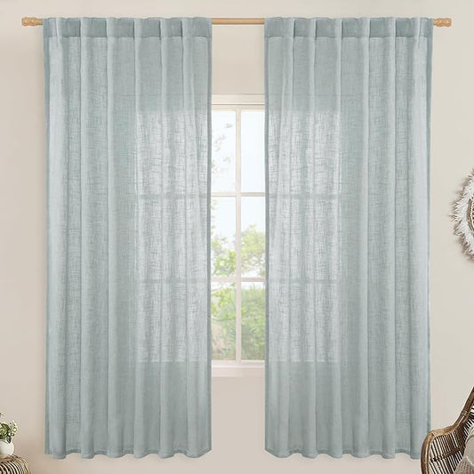 LAMIT Linen Blended Curtains for Bedroom, Faux Linen Textured Light Filtering Drapes Back Tab and Rod Pocket Boho Burlap Panels for Farmhouse/Living Room, 2 Panels, 52 x 72 Inch, Greyish Blue