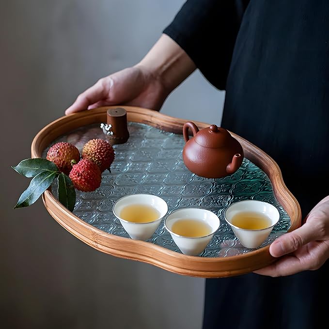 IwaiLoft Glass Serving Tray with The Crabapple Pattern Glass and Walnut for Kitchen Countertop Home Decor for Coffee Table, Also Suitable for Tea Coffee Decorative Trays (Green,11.4" x 7.8" x 1")