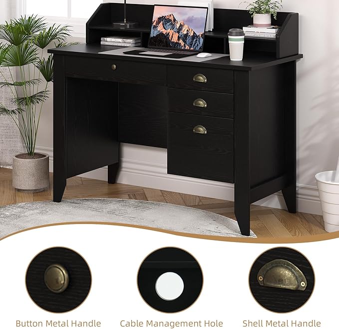 4 EVER WINNER Black Desk with Drawers, Office Desk with File Drawer and Monitor Stand, Computer Desk with Storage for Small Spaces, Bedroom, Black