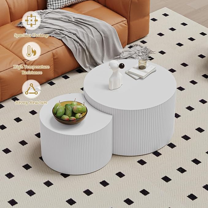 Round Coffee Table Set of 2 Modern Nesting Coffee Tables Wooden Drum Coffee Tables with Non-Slip Feet, Circle Nesting Tables End Table for Living Room Office, No Assembly (Cream 18.9"+14.96")