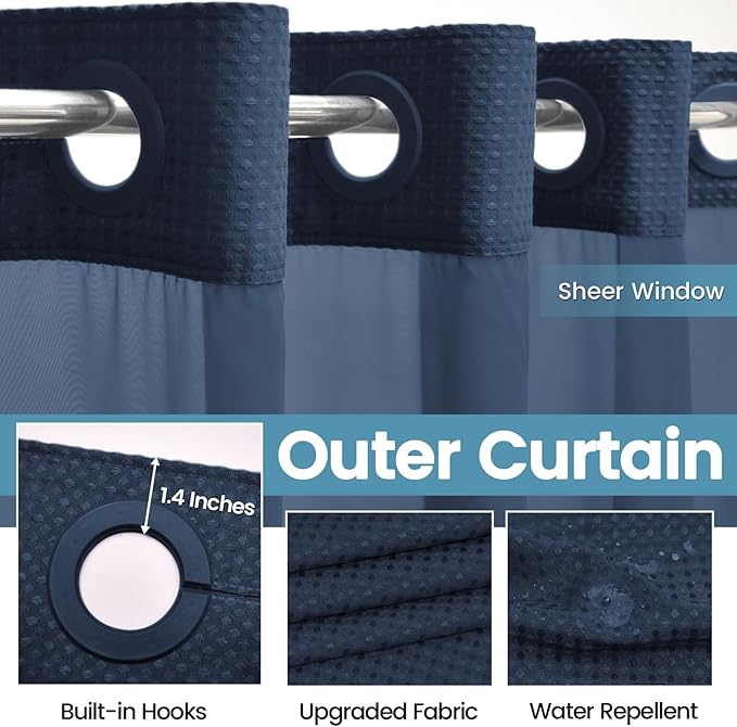 Navy Blue Stall No Hook Shower Curtain with Snap in Liner,230GSM Waffle Weave Shower Curtains for Bathroom,54W x 80H