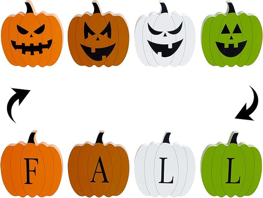 QINJIEJIE Fall Pumpkin Decor, Autumn Decorations for Home Halloween Decor Indoor, 4 Pcs Double-sided Pumpkin Wooden Sign, Thanksgiving Decorations for Indoor Home Office Table Tiered Tray Mantel