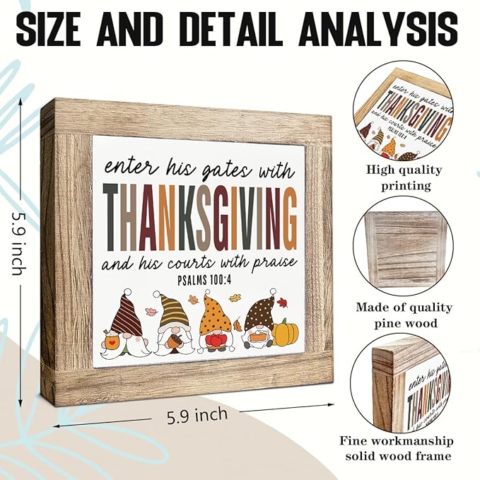 Thanksgiving Decoration, Enter His Gate with Thanksgiving Sign, Farmhouse Front Door Decor, Living Room Decors, Wooden Decorative Fall Sign, Housewarming Decors, Hostess Gift, 5.9X5.9X0.7inches