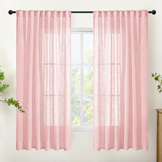 YoungsTex Light Pink Linen Curtains 63 Inch Length for Living Room, Semi Sheer Window Drapes Textured Light Filtering with Rod Pocket Back Tab for Girl Kids Bedroom, 2 Panels, 52 X 63 Inch