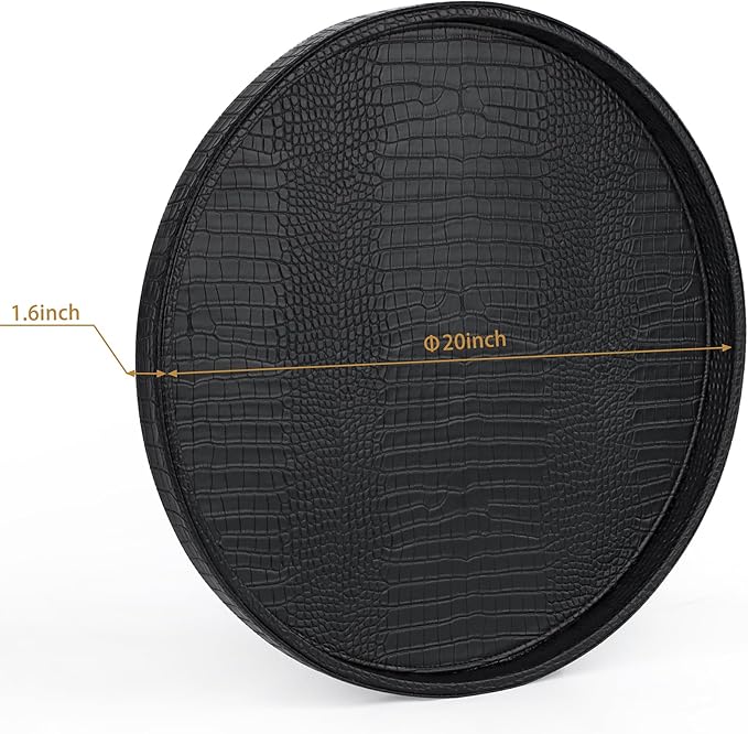 HofferRuffer Round Serving Tray 20'', Elegant Faux Leather Circle Ottoman Table Tray, Serve Tea Coffee Breakfast in Bedroom Living Room Kitchen (Classic Black)