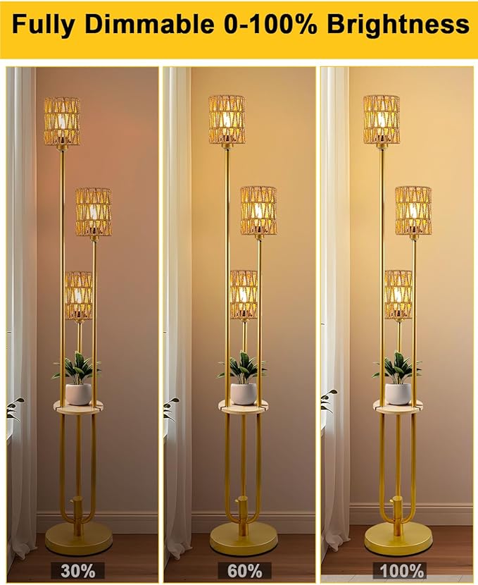 Lightdot Dimmable Boho Floor Lamps with Table, 3-Lights Rattan Floor Lamp with Shelves, 3000K Warmwhite Candle Holder Style Farmhouse Floor Lamp, Rustic Gold Standing Lamp for Living Room Bedroom