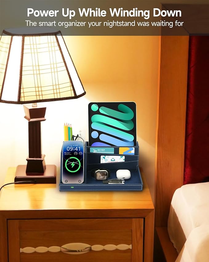 Desk Organizer with Charging Station, Nightstand Organizer Phone Docking Station, Men Gift Husband Wife Anniversary Dad Birthday Nightstand Purse Father Graduation Male Travel Idea Gadgets