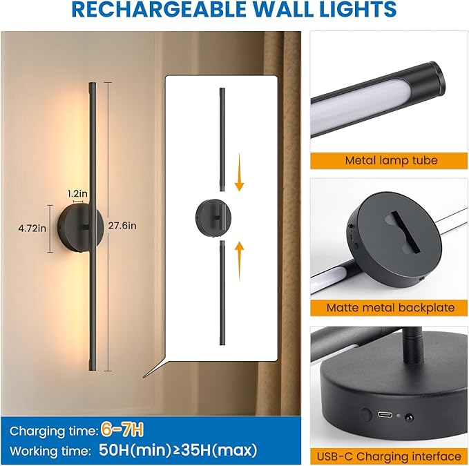 NIORSUN 27.6 Inch Battery Operated Wall Sconce Set of 2, Black Round Base Rechargeable Wall Lights with Remote, 3CCT Dimmable Wireless Wall Sconces for Living Room Bedroom Hallway