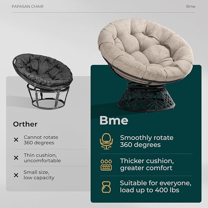 Bme 40" Ergonomic Wicker Papasan Chair with Soft Thick Density Fabric Cushion, High Capacity Steel Frame, 360 Degree Swivel for Living, Bedroom, Reading Room, Lounge, Silver Cloud - Black Base