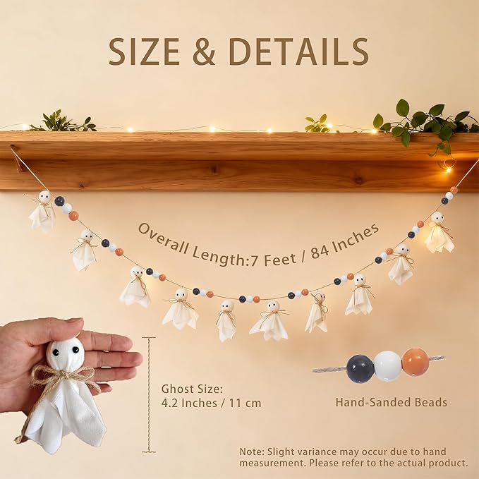 7Ft Halloween Decor Ghost Garland with Wooden Beads - Adjustable Hanging Cute Vintage Banner for Indoor Outdoor Wall Home Fireplace Mantel Spooky Party Decorations