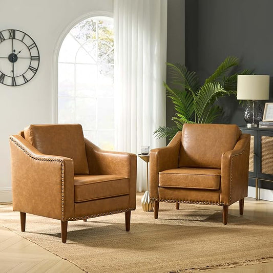 HULALA HOME Faux Leather Accent Armchairs Set of 2 with Back & Seat Cushions, Traditional Club Chairs with Nailhead Trim, Comfy Upholstered Sofa Chairs for Living Room Bedroom, Camel