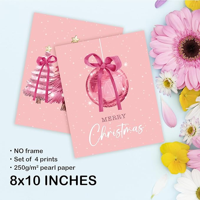 TLESKE Pink Winter Merry Christmas Coquette Bow Posters Prints Unframed Set of 4 for Teen Girls Dorm Bedroom Living Room, Santa Claus Christmas Ball Pine Trees Wall Art Prints Pictures Decor, 8x10