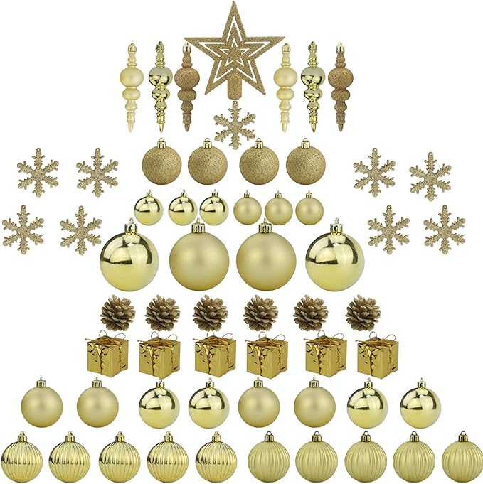 Sunnyglade 60ct Gold Christmas Tree Ball Ornaments Set Shatterproof Christmas Bling-Bling Hanging Decoration with Hand-held Gift Package for Xmas Tree Holiday Wedding Party (Gold)