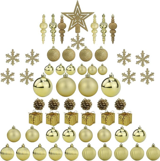 Sunnyglade 60ct Gold Christmas Tree Ball Ornaments Set Shatterproof Christmas Bling-Bling Hanging Decoration with Hand-held Gift Package for Xmas Tree Holiday Wedding Party (Gold)