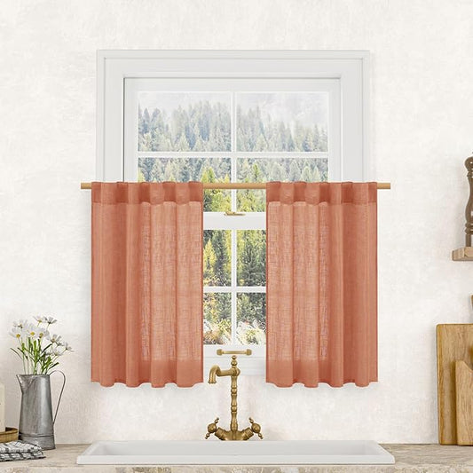 LAMIT Semi Sheer Linen Curtains 36 Inch Length 2 Panels, Light Filtering Panels Back Tab and Rod Pocket Neutral Drapes for Bathroom/Kitchen/Loft Room, Terracotta, 25 x 36 Inch